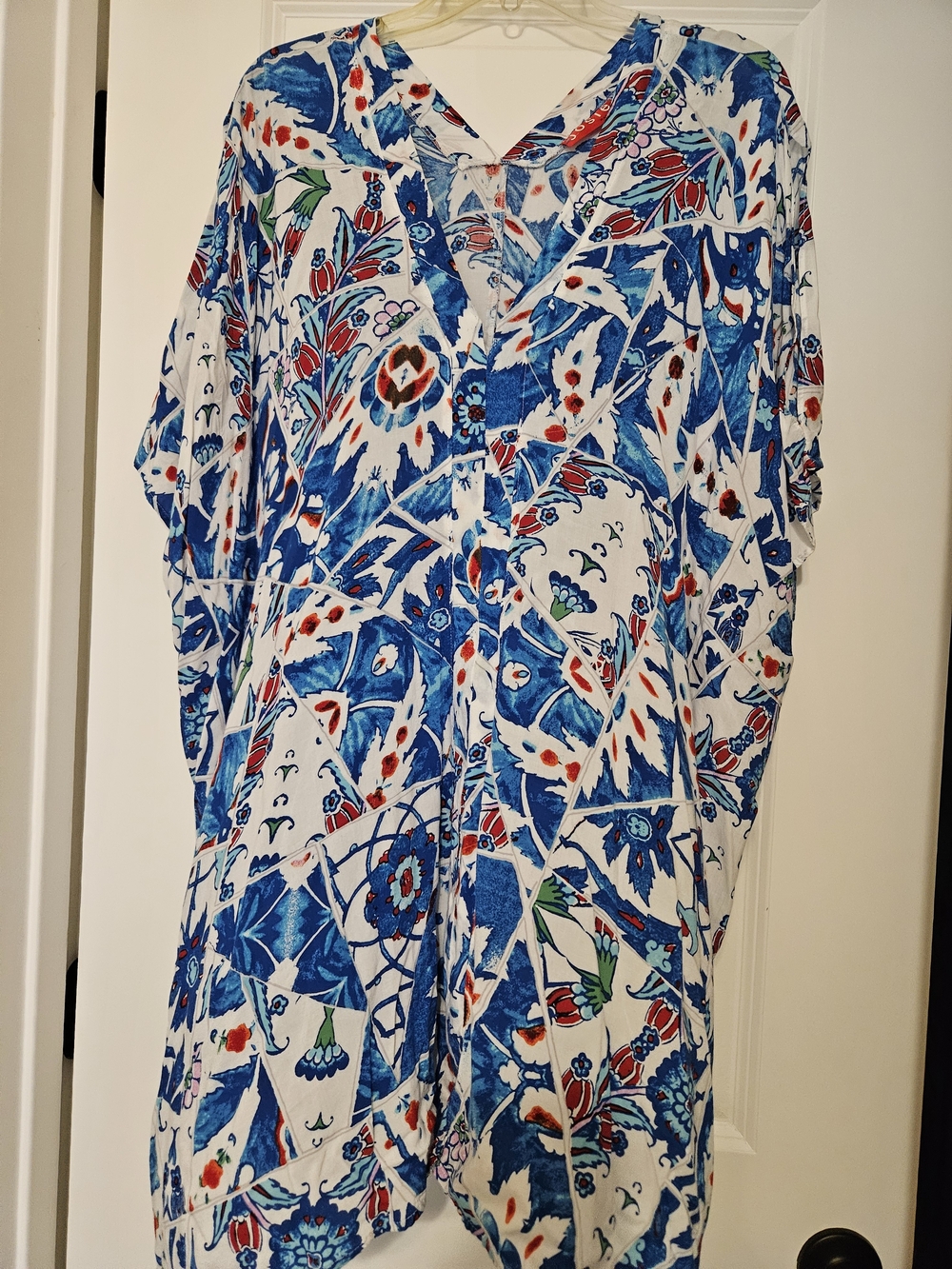 jose Natori Blue, White & Red Floral Midi Dress